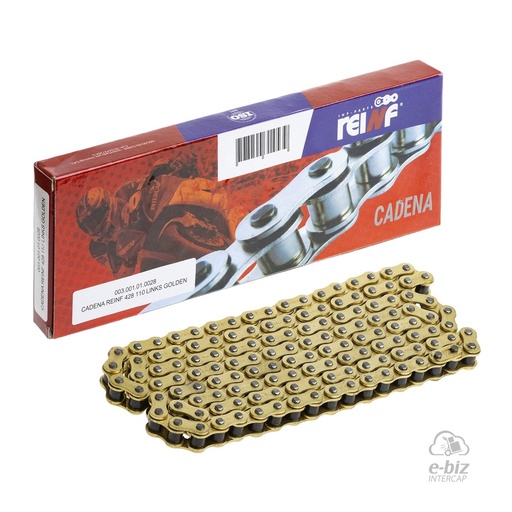 [Reinf] Cadena de transmision 428-110L GOLD Inks Cerro BIX 110 05-24 || Corven Energy 110 06-24 || Gilera Smash 110-125 20-23 || Honda Biz 100-125 00-24, Biz ES 125 14-24, Biz GP 125 14-24… (+4 marcas · 5 modelos)