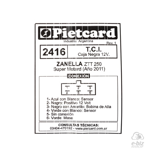 [Pietcard Electronica] CDI |DIGITAL| 2416 TCI Negra AÑO 2011 Zanella ZTT 250 SUPERMOTARD