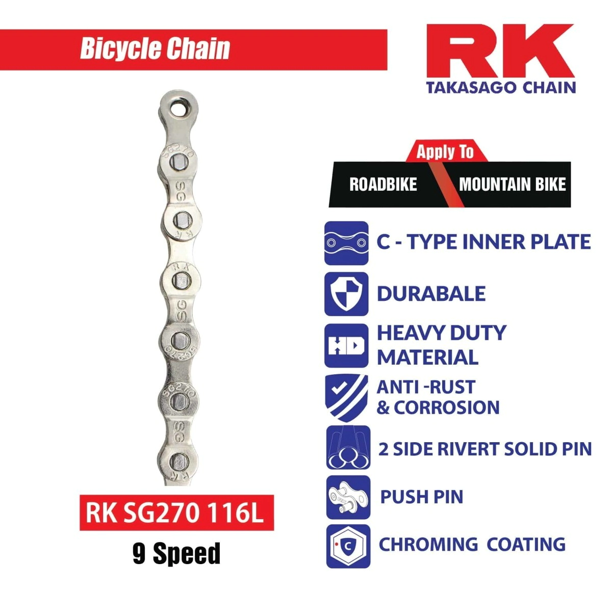 [RK] Cadena de bicicleta [9 Velocidades SG270VDx116] [Nickel Plating inner, outer & roller]