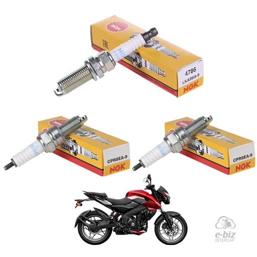 [NGK] Juego de bujías 1X LKAR8A-9 2X CPR8EA-9 Bajaj Dominar 400 17-24, Rouser NS 200 2018