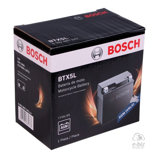 [Bosch] Batería BTX5L Honda Biz 125 14-24, Biz GP 125 14-24, CG 150 04-24, CG Titan NEW 150 14-19, Elite 125 07-20, XR L 125-150 11-24 || KTM EXC-F 250 16-24… (+1 marca · 2 modelos) || Honda NXR125 || Motomel CG150