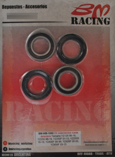 BM Racing - Kit Rodamientos de Rueda Delantera 	Triumph TF 250-E 25, TF 250-X 24, TF 450-E 25, TF 450-RC Edition 25, Yamaha YZ125 98-25, YZ125X 20-25, YZ250 98-25, YZ250F 01-13, YZ250X 16-25, YZ400F 98-99, YZ426F 00-02, YZ450F 03-13