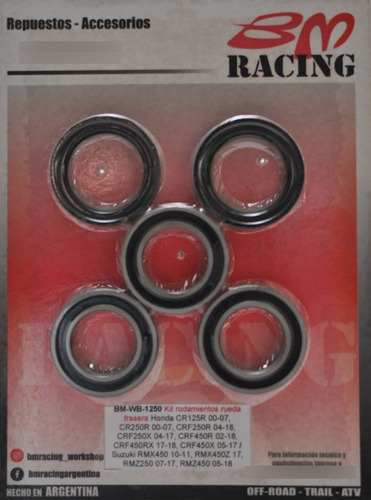 [WB-1250] BM Racing - Kit Rodamientos de rueda Trasera Honda CRF 250-450R-X-RX 02-25, Suzuki RM-Z 250-450 05-25
